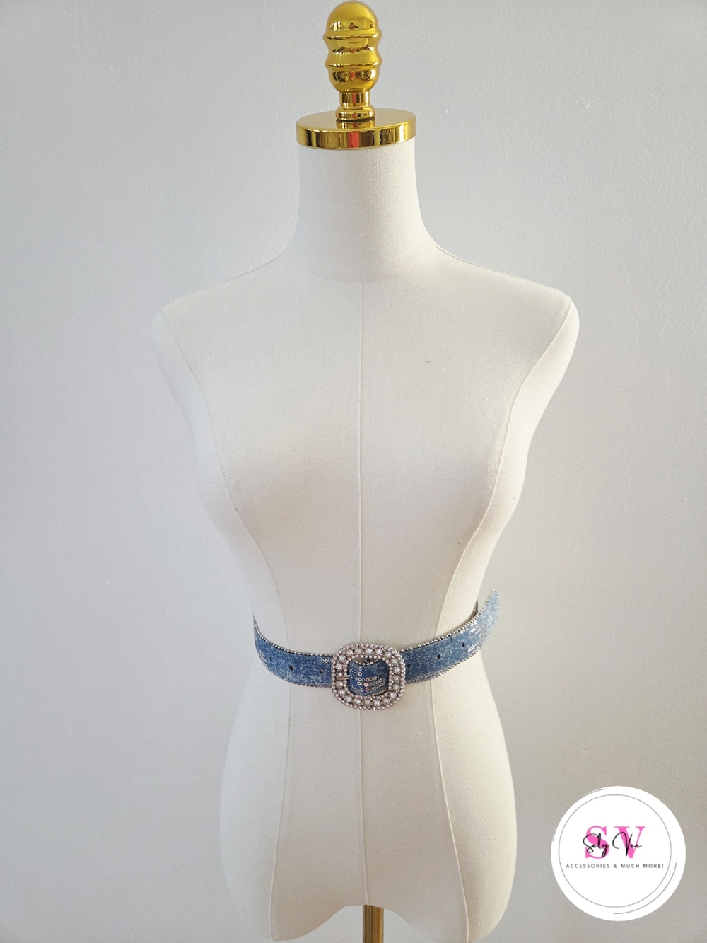 Blue Denim Belt With Silver Sequin Decor